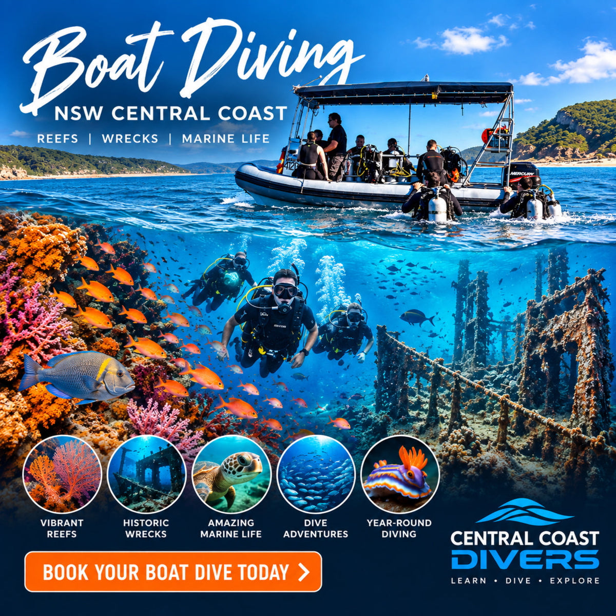 Promotional travel graphic for boat diving on the NSW Central Coast, showing a motorized dive boat with divers on the water above and a split underwater scene with coral reefs, fish, divers, and a wreck. Large text reads 'Boat Diving' and 'NSW Central Coast' with smaller text 'Reefs | Wrecks | Marine Life.