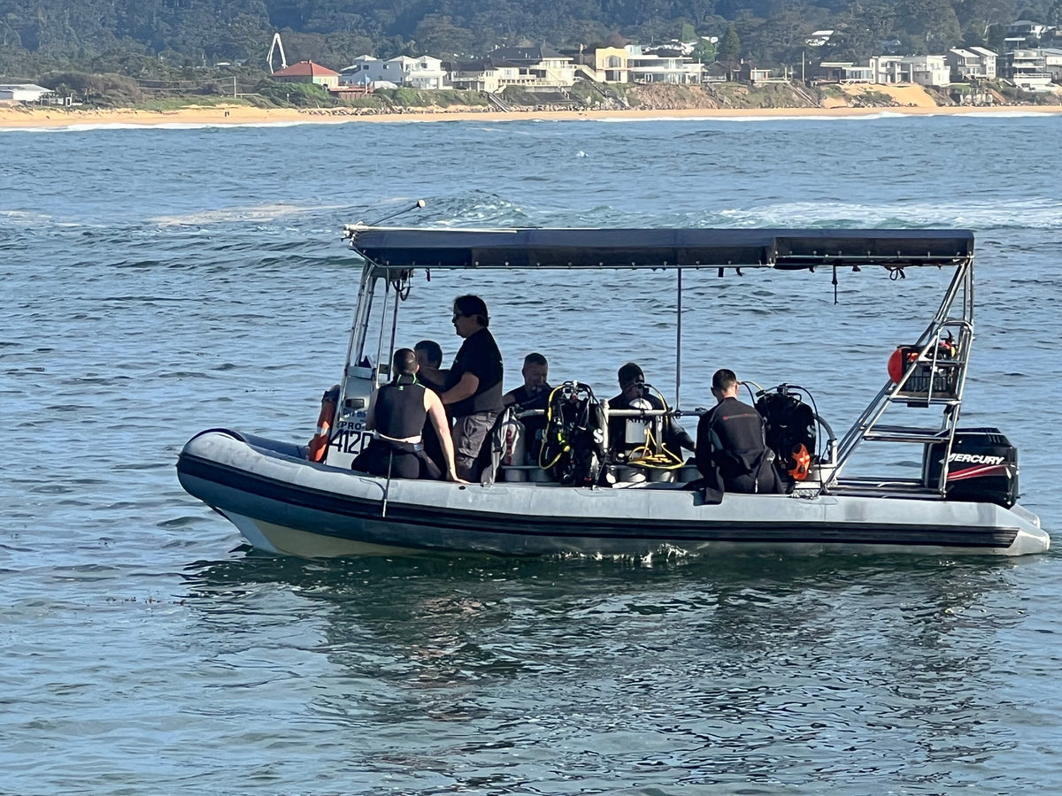 A white and blue rigid airboat with a black canopy is floating on the water, carrying several people equipped with scuba gear. A sandy beach and coastal buildings are visible in the background.
