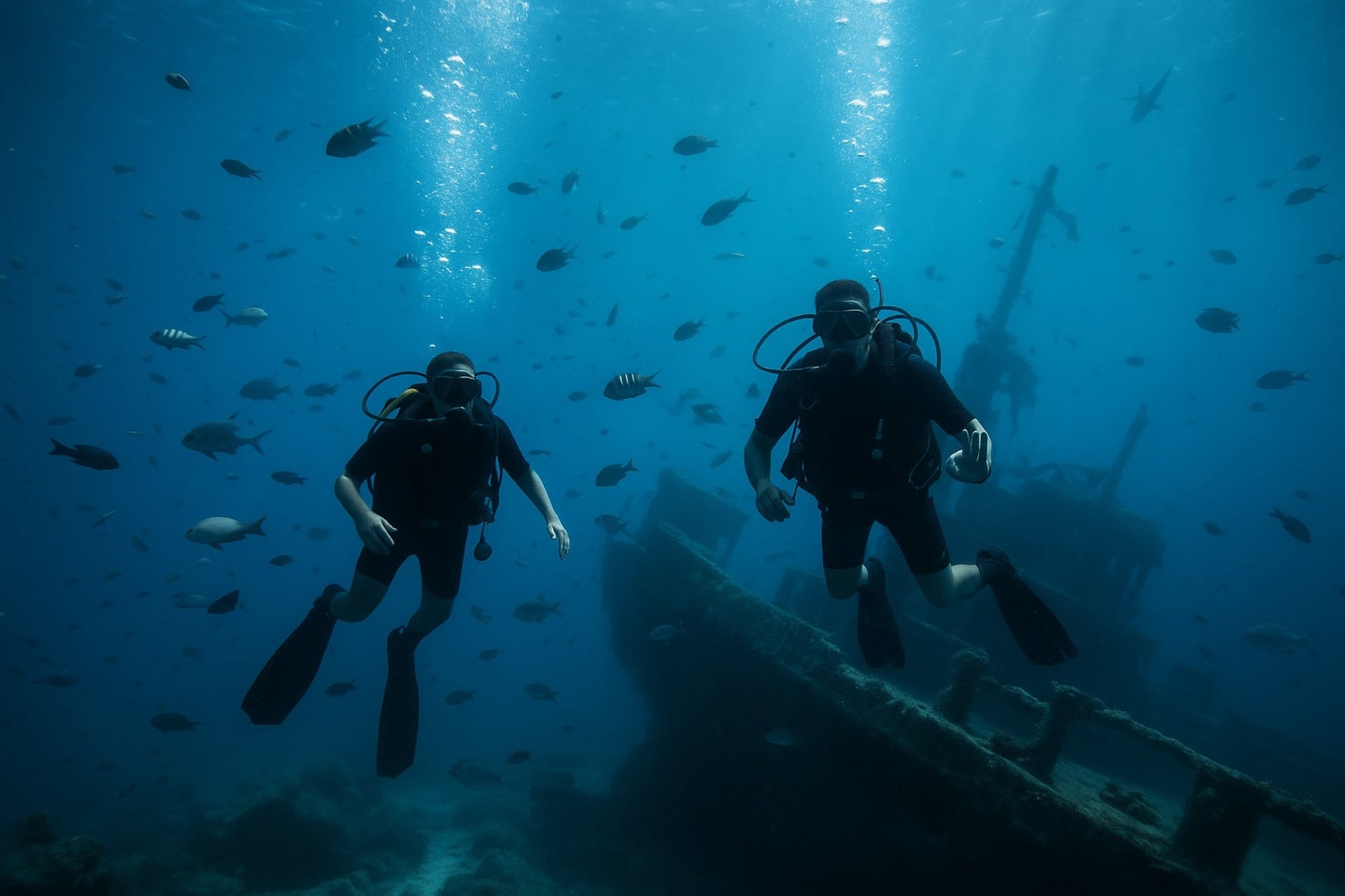 two divers hovering above an underwater wreck