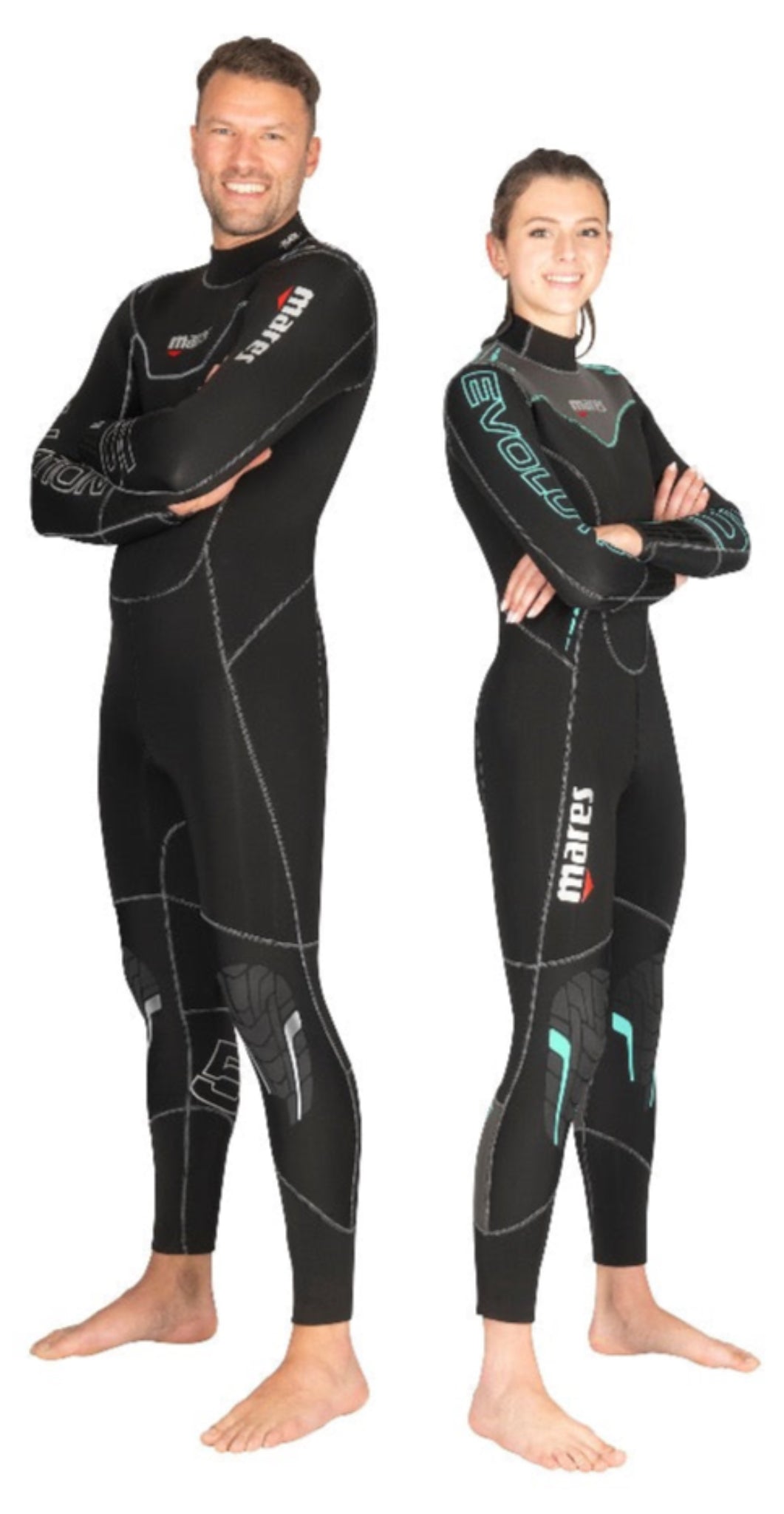 A male and a female model wearing black full-body diving suits with a logo on the left side.