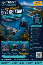 A promotional flyer for the Trident Social Dive Club's 'Forster Weekend Dive Getaway!' featuring a scenic photograph of a diver exploring a coral reef, sea turtles, and marine life. The flyer contains detailed text about dive sites like Latitude Reef, Seal's Rocks, and The Pinnacle, along with pricing, contact information, and a QR code.
