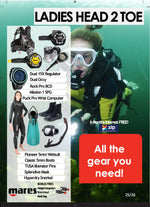 Diving gear set with scuba diver and product list on a green underwater-themed background