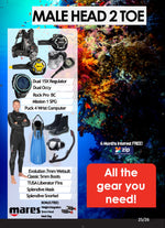 Diving gear set with scuba diving equipment and promotional text on a blue and multicolor coral reef background.
