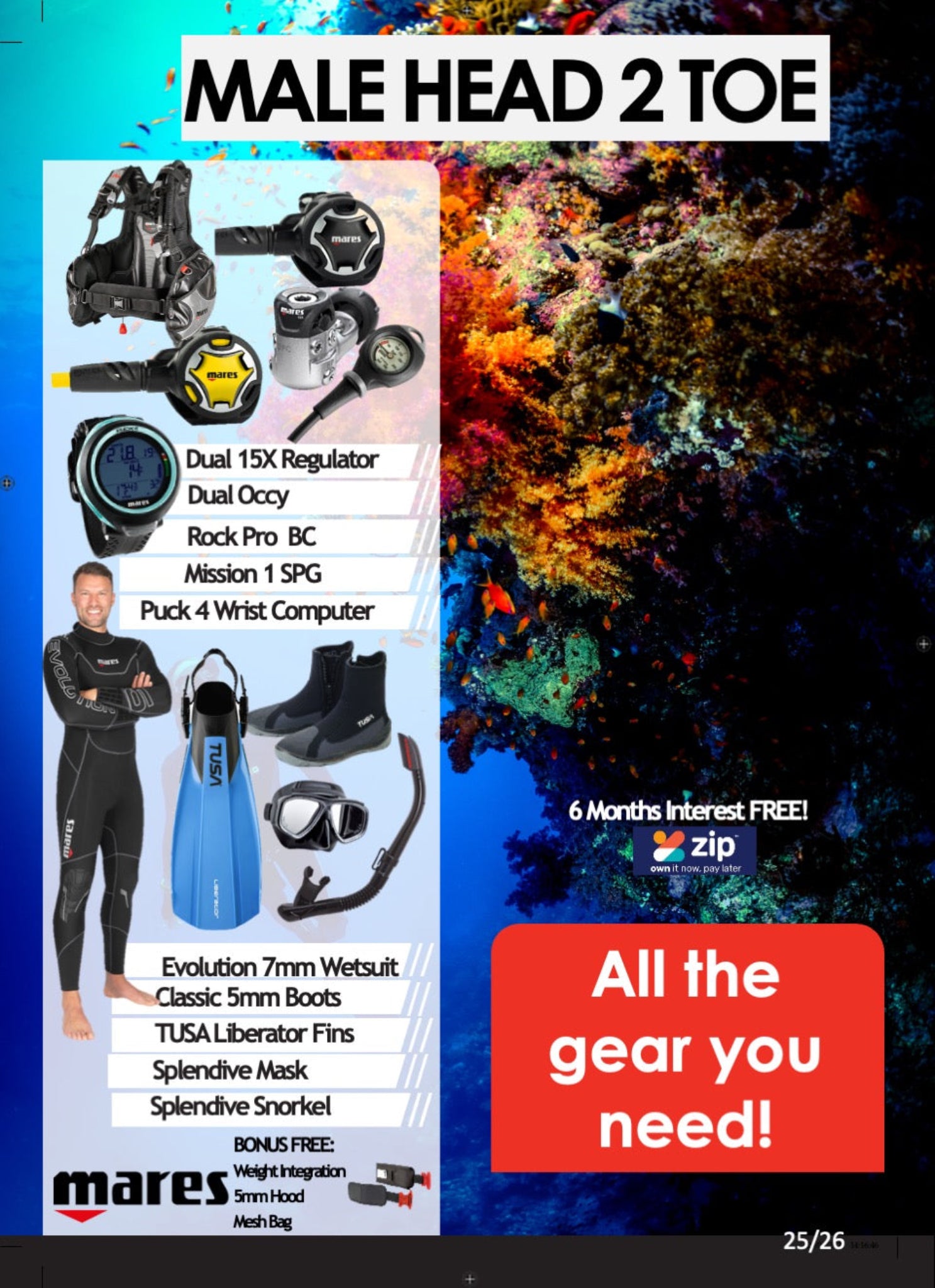 Diving gear set with scuba diving equipment and promotional text on a blue and multicolor coral reef background.