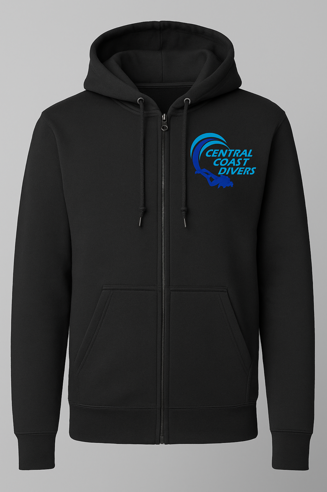 Black hoodie with 'Central Coast Divers' logo on a gray background