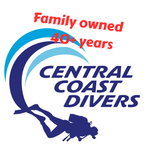 A logo-style graphic on a white background with the text 'Family owned 40+ years' in red above the words 'CENTRAL COAST DIVERS' in dark blue. The design includes curved blue and light blue lines and a dark blue scuba diver silhouette.