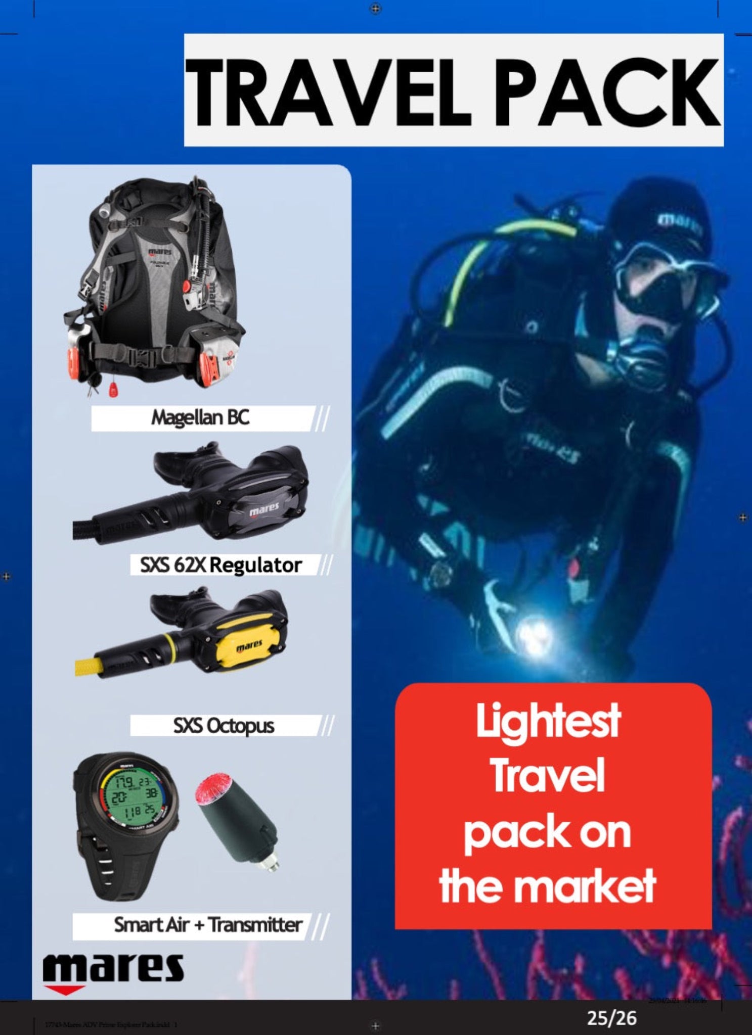Mares travel pack advertisement with diving equipment and diver underwater.