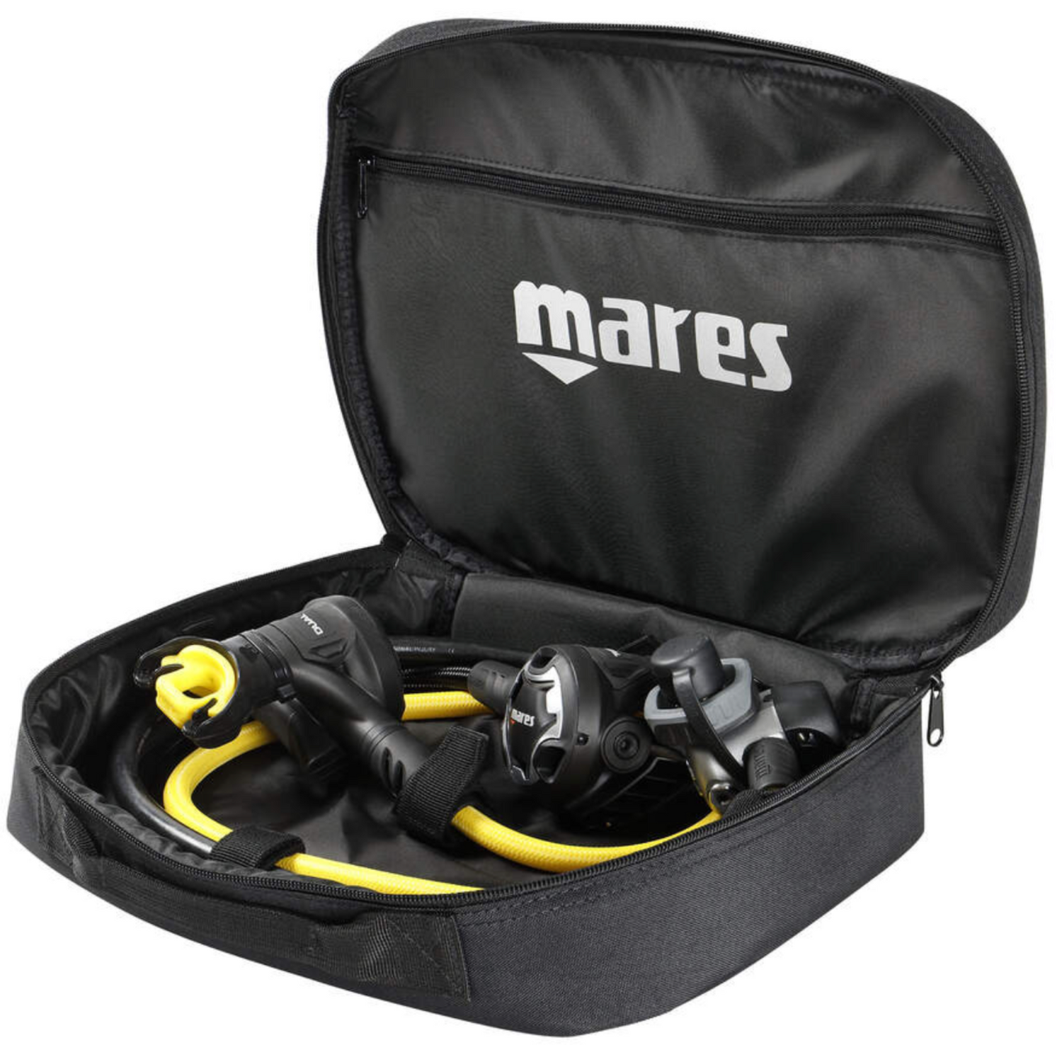 Black Mares diving equipment bag with scuba diving fins and regulator on a white background