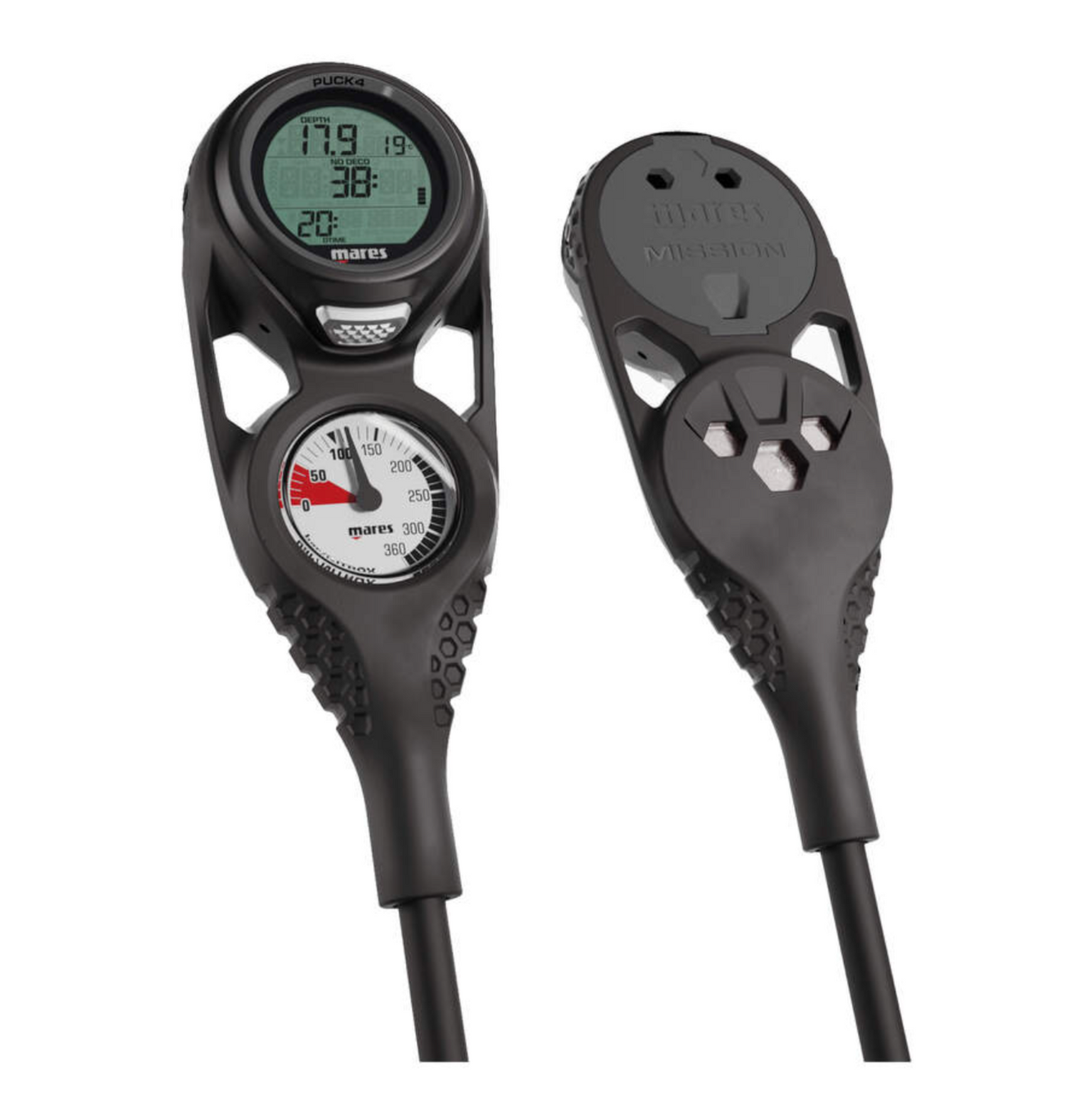 Two black diving instruments on a white background
