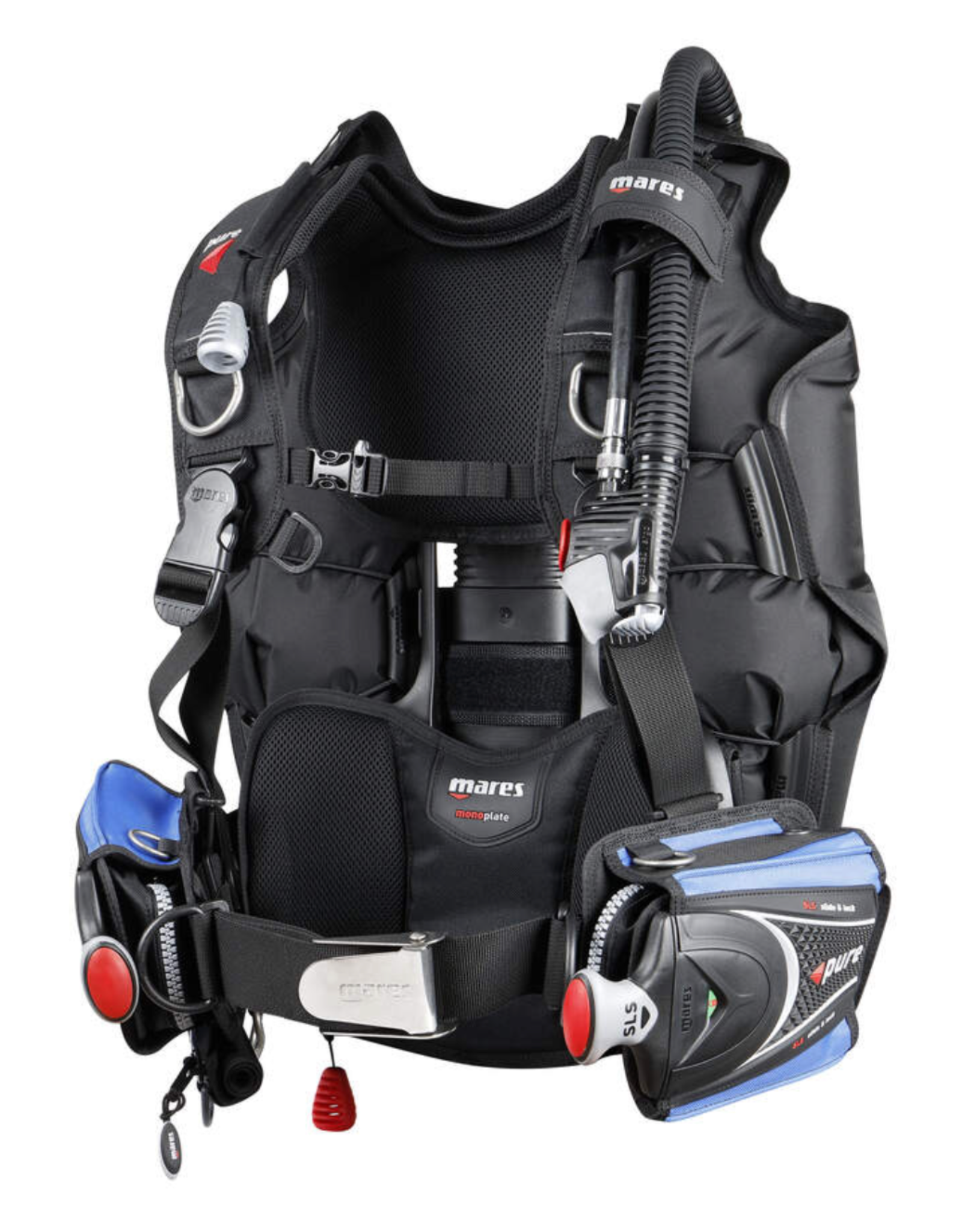 Black scuba diving vest with various equipment on a white background