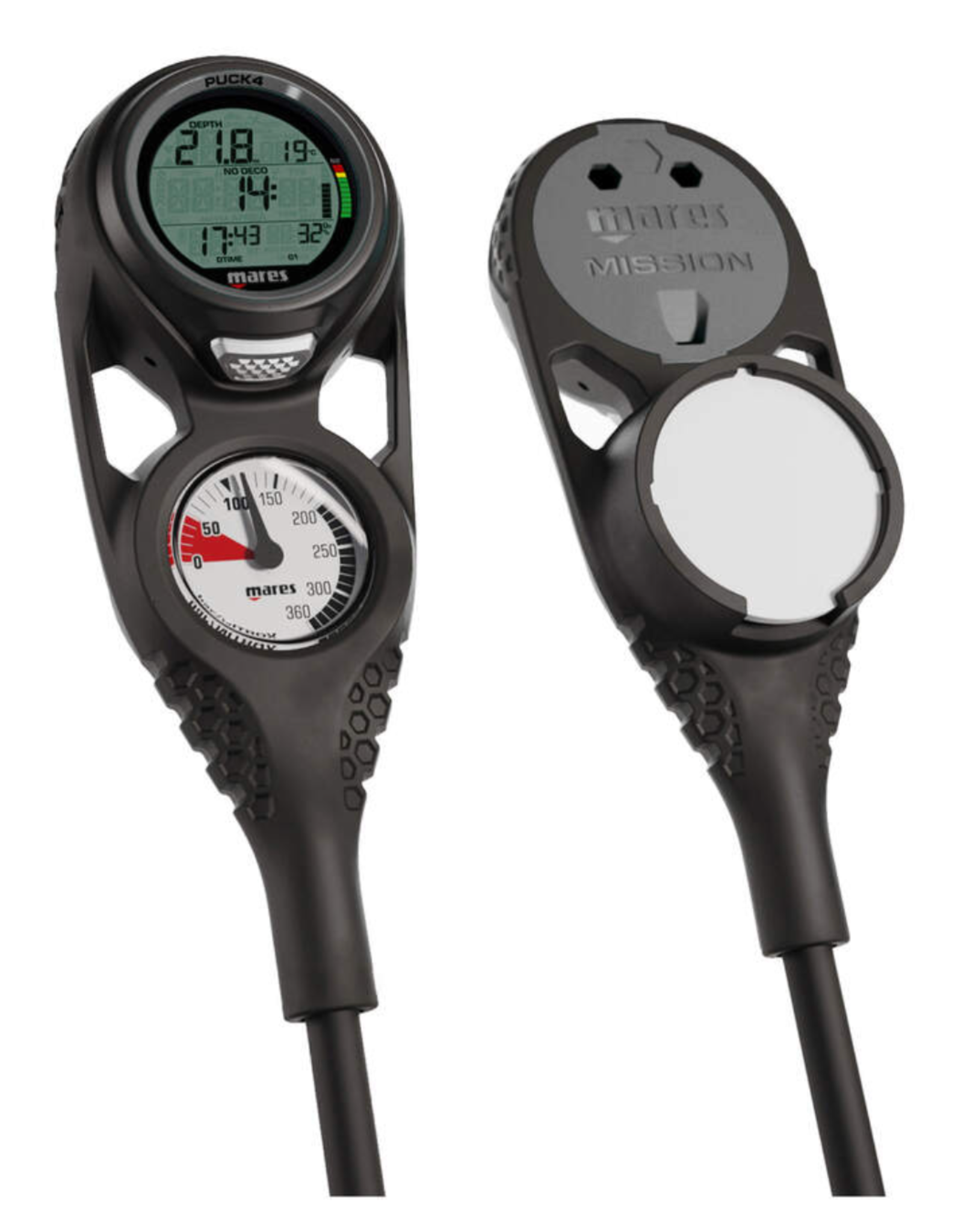 Two scuba diving computers on a white background