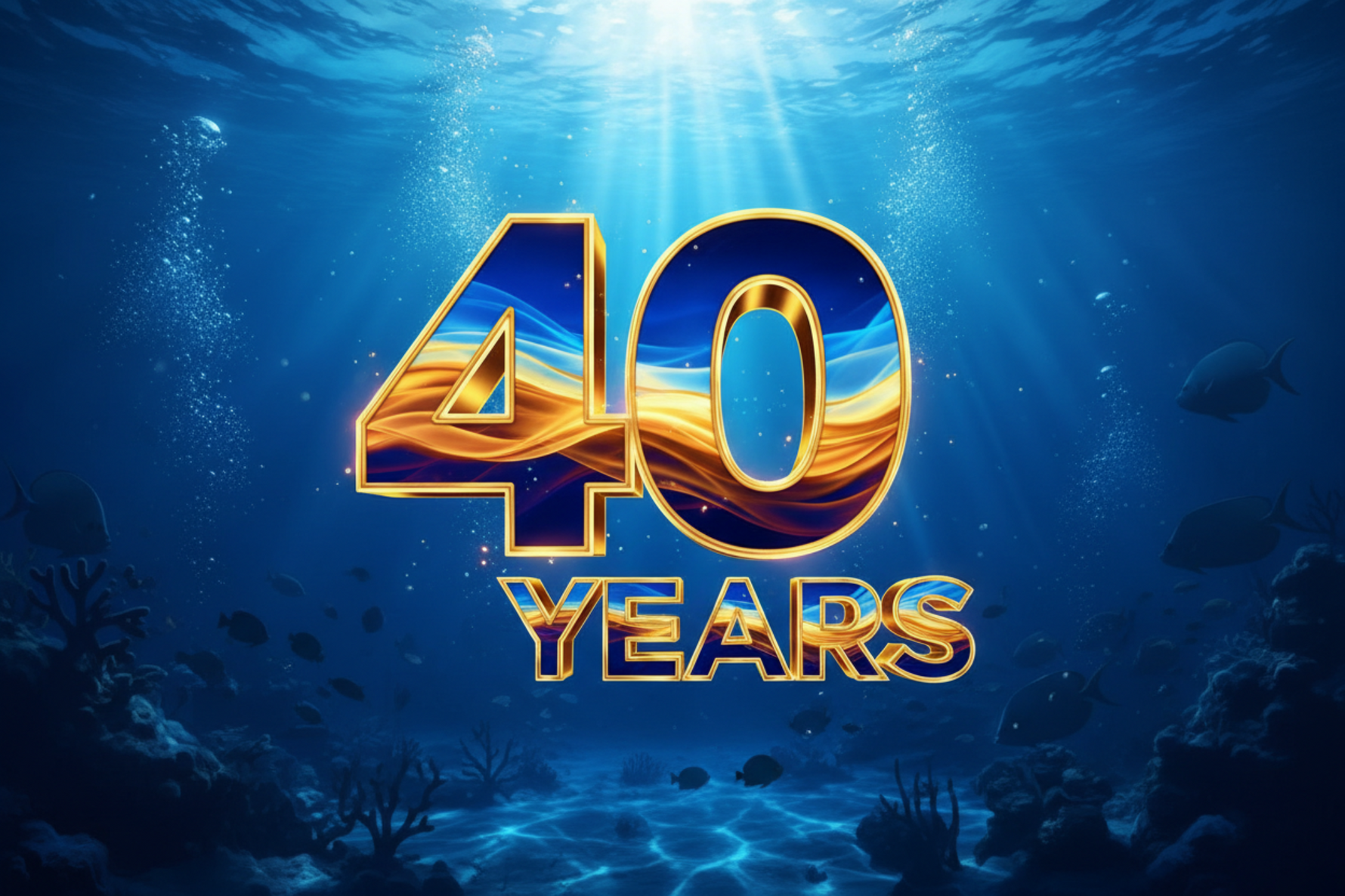 Underwater scene with '40 Years' text in gold and blue