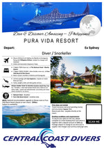 A promotional flyer for a diving and snorkeling tour from Pura Vida Resort in the Philippines, departing from Sydney. The flyer features a blue whale graphic at the top, a list of inclusions and exclusions, a small resort photo, and a prominent 'Central Coast Divers' logo at the bottom.
