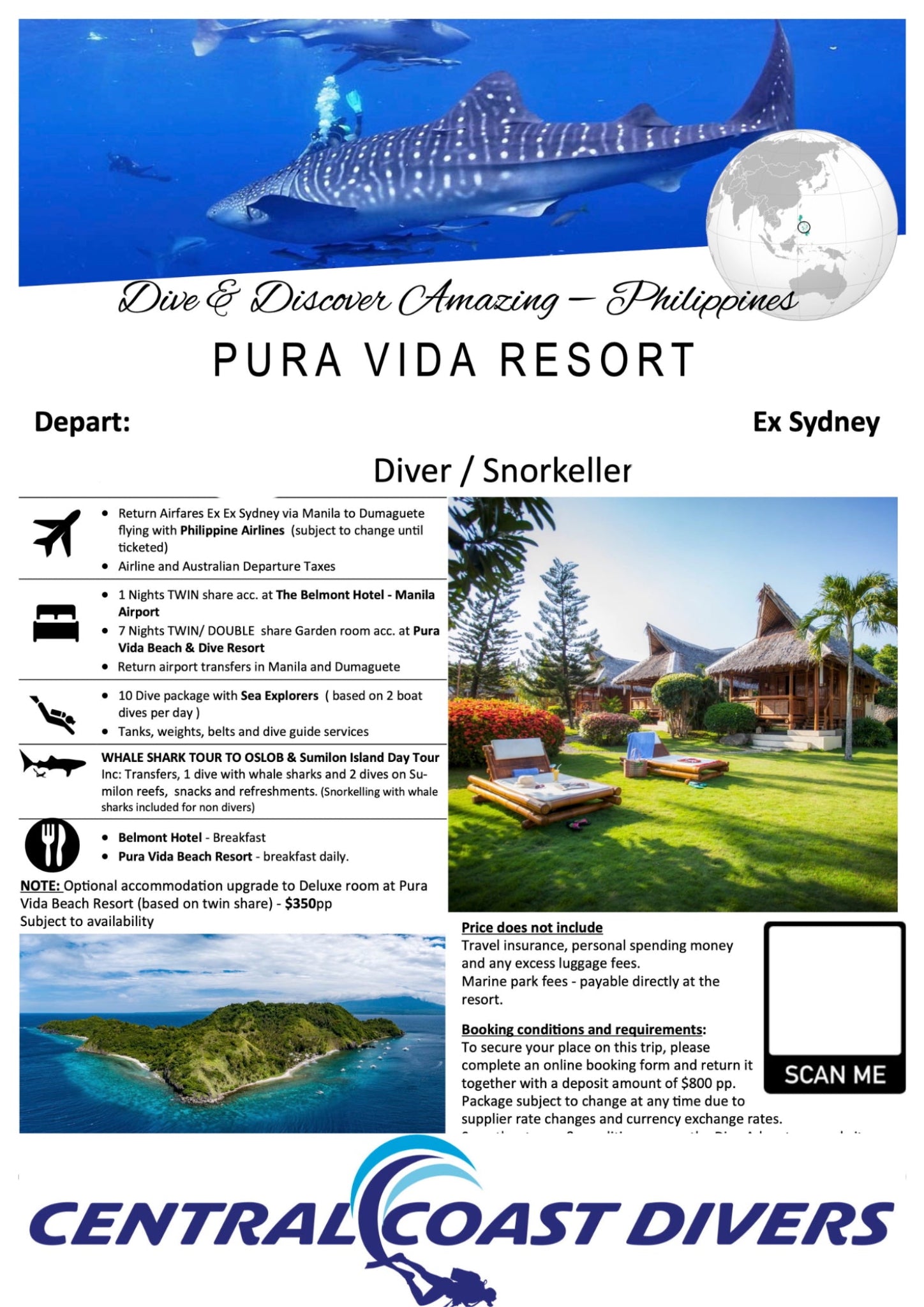 A promotional flyer for a diving and snorkeling tour from Pura Vida Resort in the Philippines, departing from Sydney. The flyer features a blue whale graphic at the top, a list of inclusions and exclusions, a small resort photo, and a prominent 'Central Coast Divers' logo at the bottom.