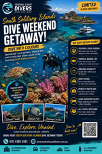 A promotional travel poster for a Central Coast Divers South Solitary Islands Dive Weekend Getaway, featuring turquoise ocean water, coral reefs, a diver, a boat, and large marketing text with contact details and a QR code.