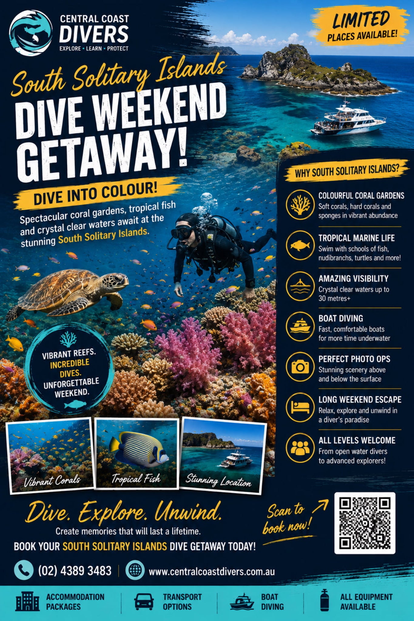 A promotional travel poster for a Central Coast Divers South Solitary Islands Dive Weekend Getaway, featuring turquoise ocean water, coral reefs, a diver, a boat, and large marketing text with contact details and a QR code.