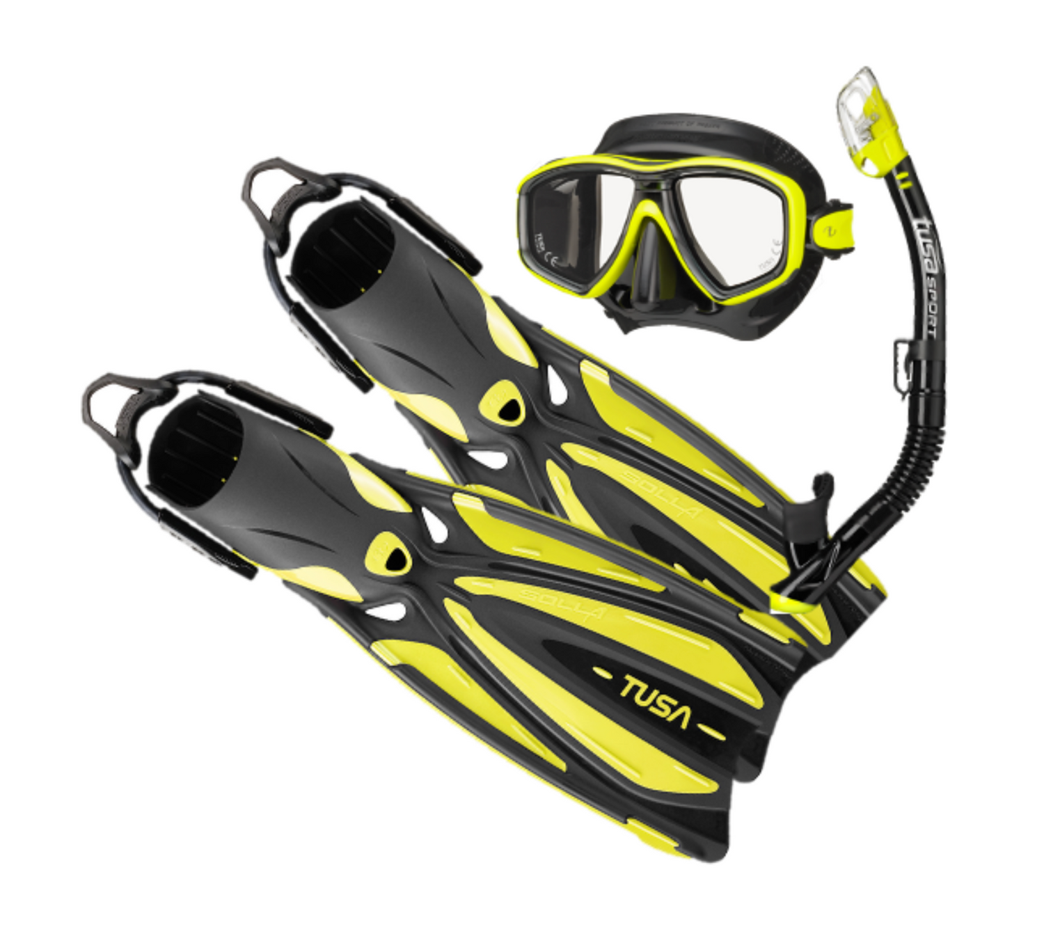 Diving equipment set with TUSA fins, mask, and snorkel on a white background