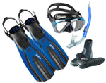 super channel fins, cressi big eye mask, mares neoprene boots