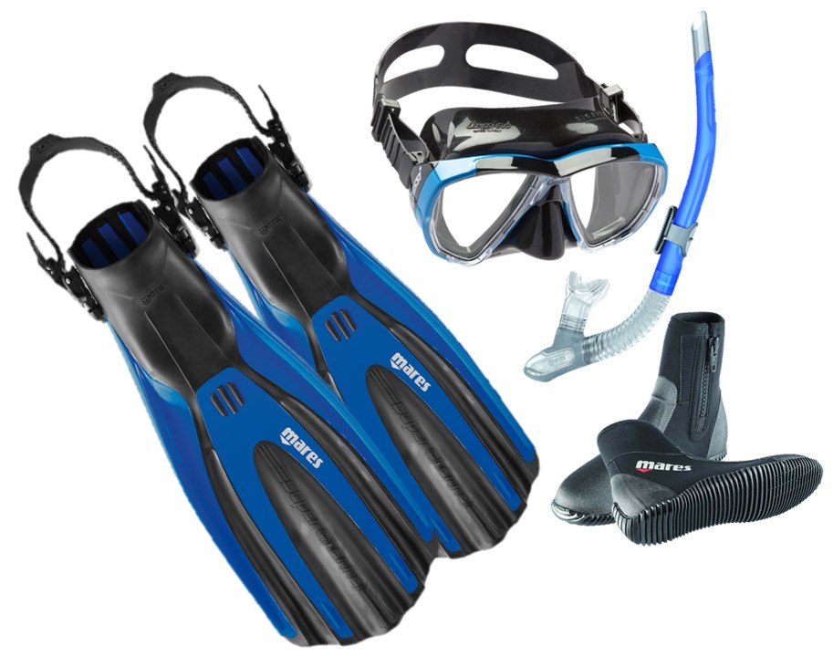 super channel fins, cressi big eye mask, mares neoprene boots