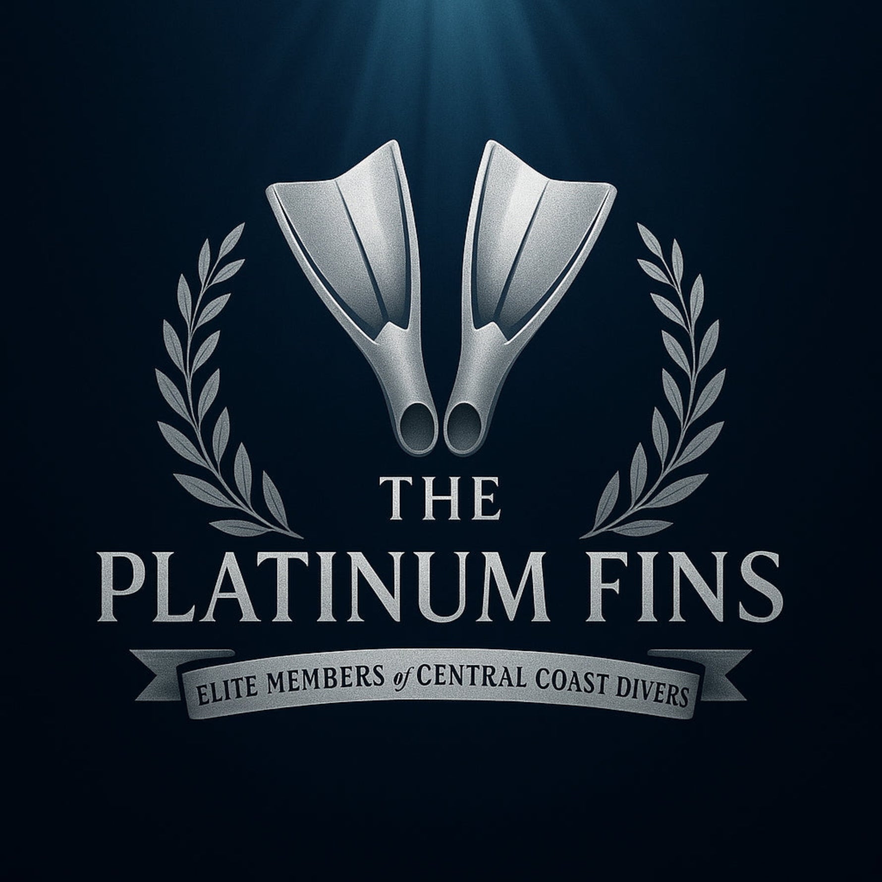 Logo of 'The Platinum Fins' with two silver diving fins and laurel leaves on a dark background.