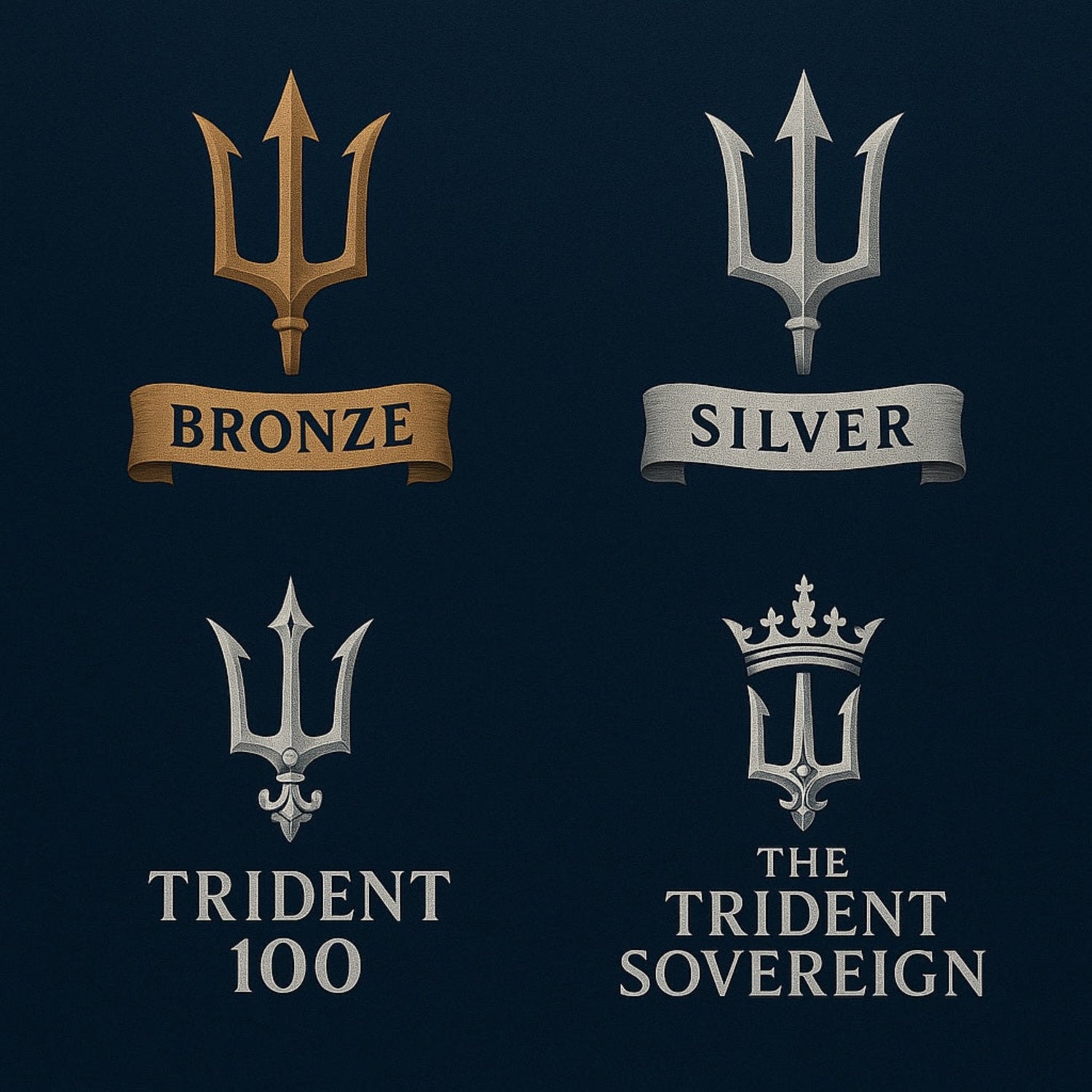 Set of trident symbols with labels for Bronze, Silver, Trident 100, and The Trident Sovereign on a dark blue background.