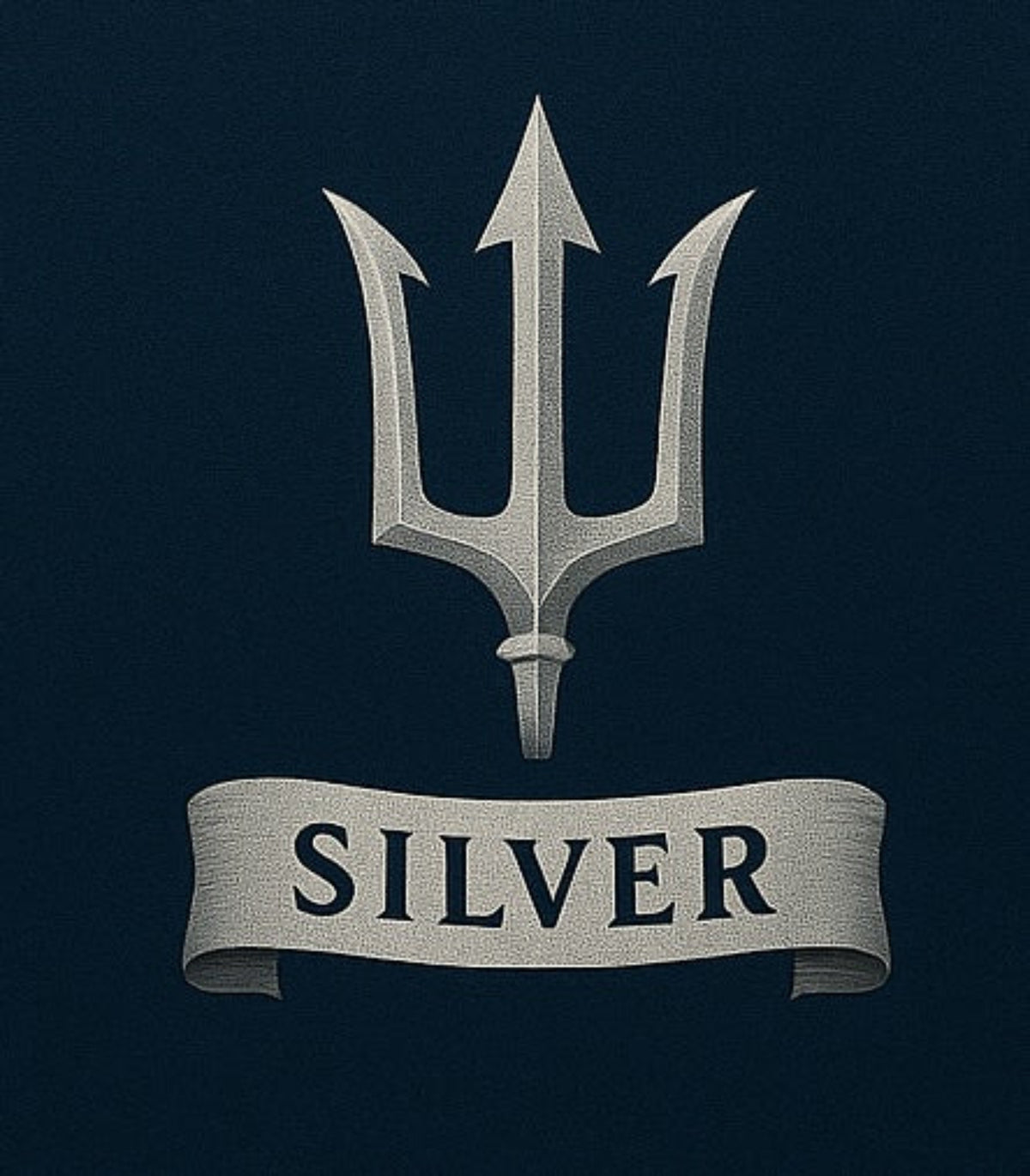 Silver trident symbol with a banner below on a dark blue background