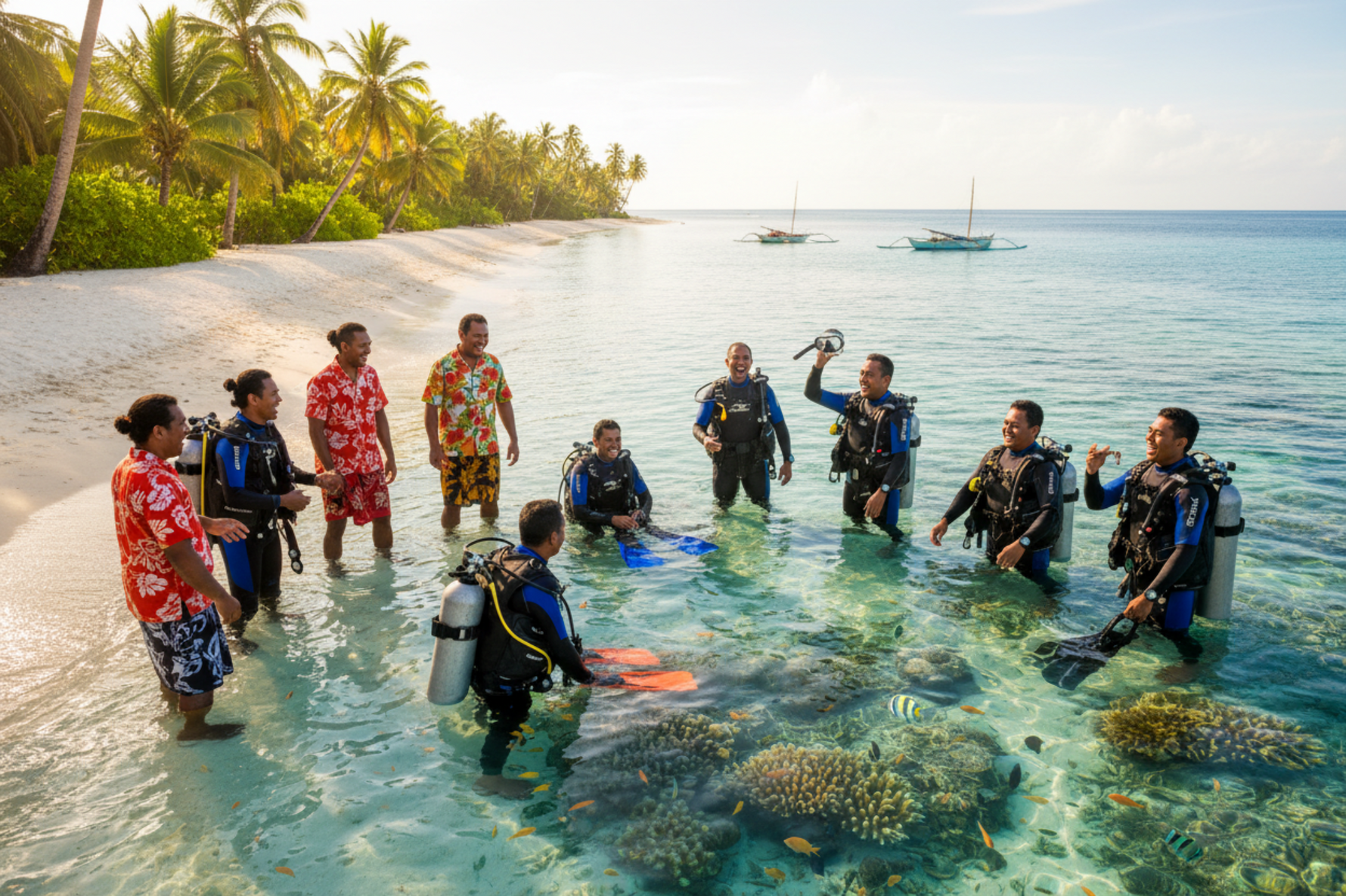 tropical scuba diving destination in Fiji, laughing locals and scuba divers 