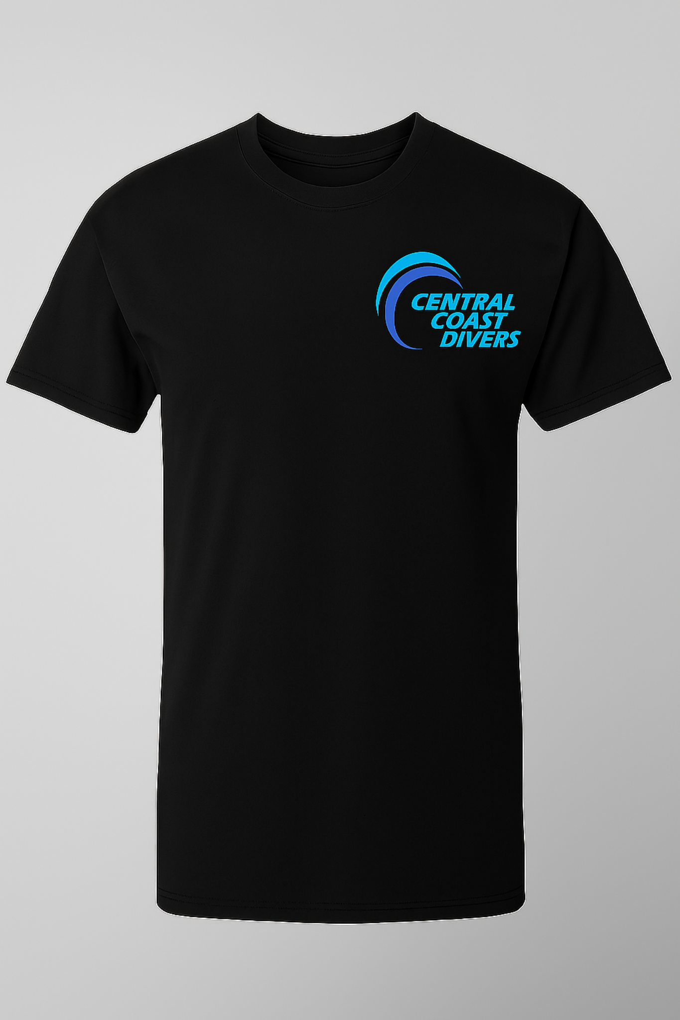 Black t-shirt with 'Central Coast Divers' logo on a gray background
