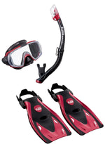 Red and black snorkeling set with mask, snorkel, and fins on a white background
