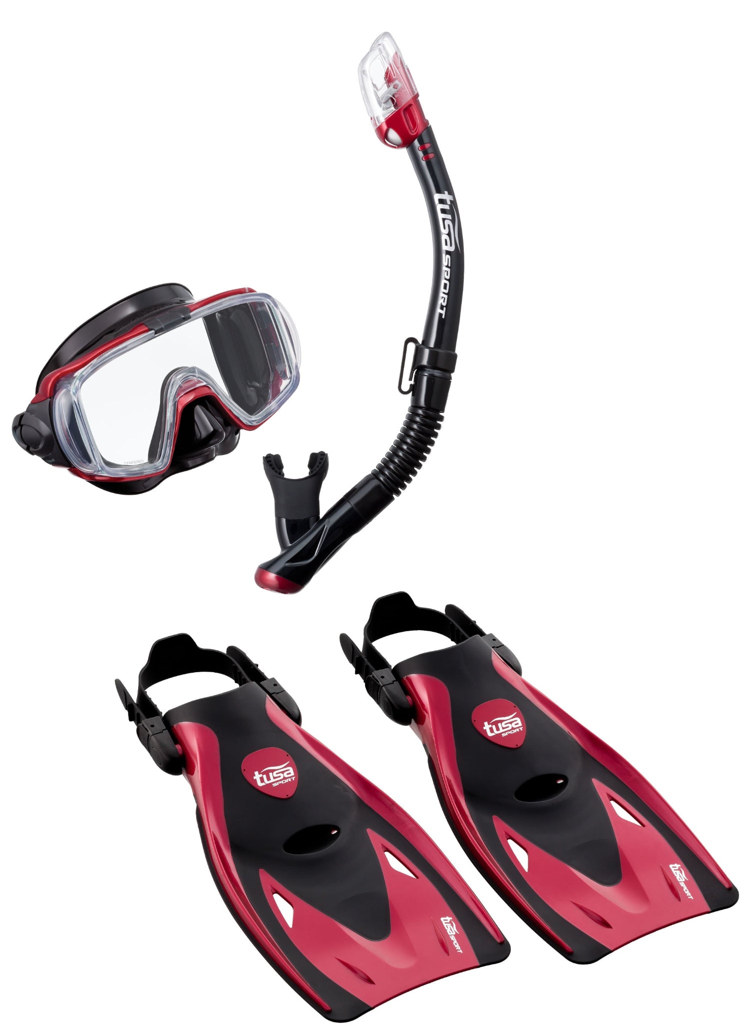 Red and black snorkeling set with mask, snorkel, and fins on a white background