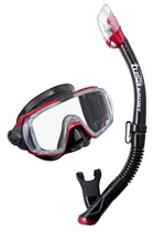 Diving mask and snorkel set with red accents on a white background