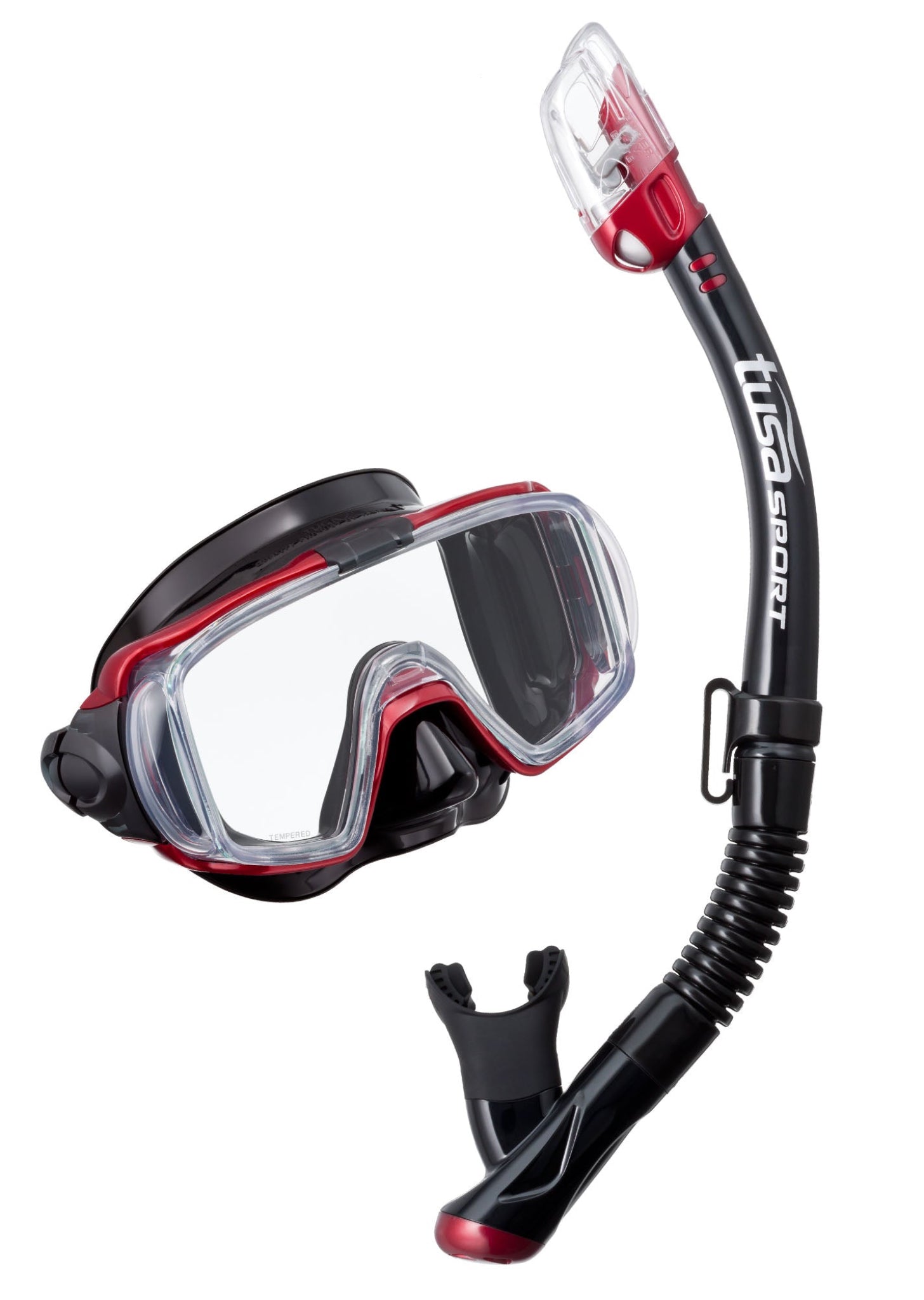 Diving mask and snorkel set with red accents on a white background