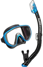 Scuba diving mask and snorkel set with blue accents on a white background