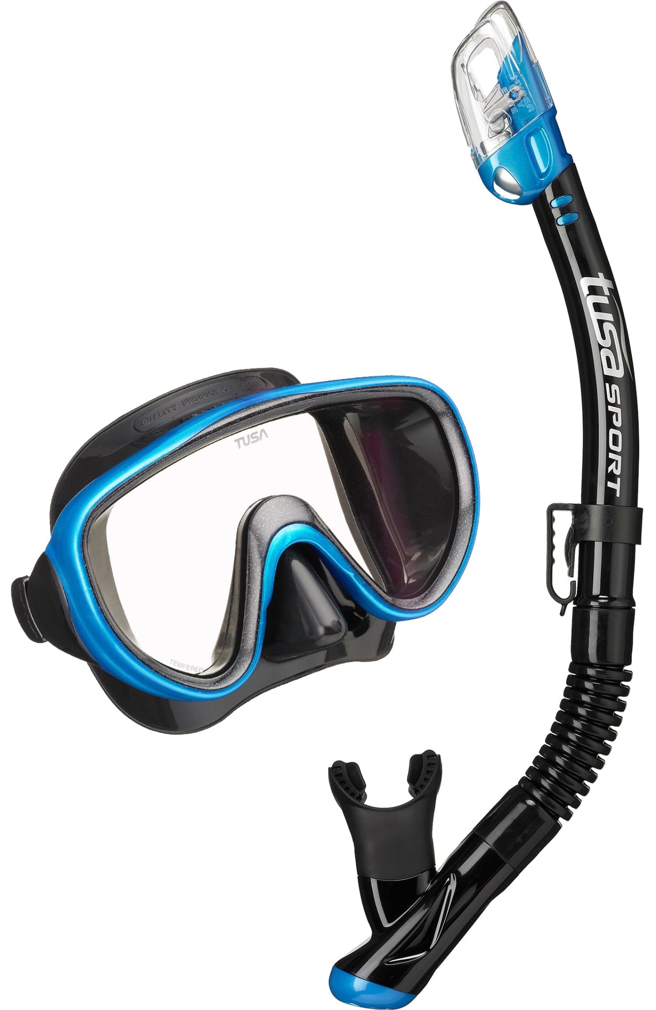 Scuba diving mask and snorkel set with blue accents on a white background