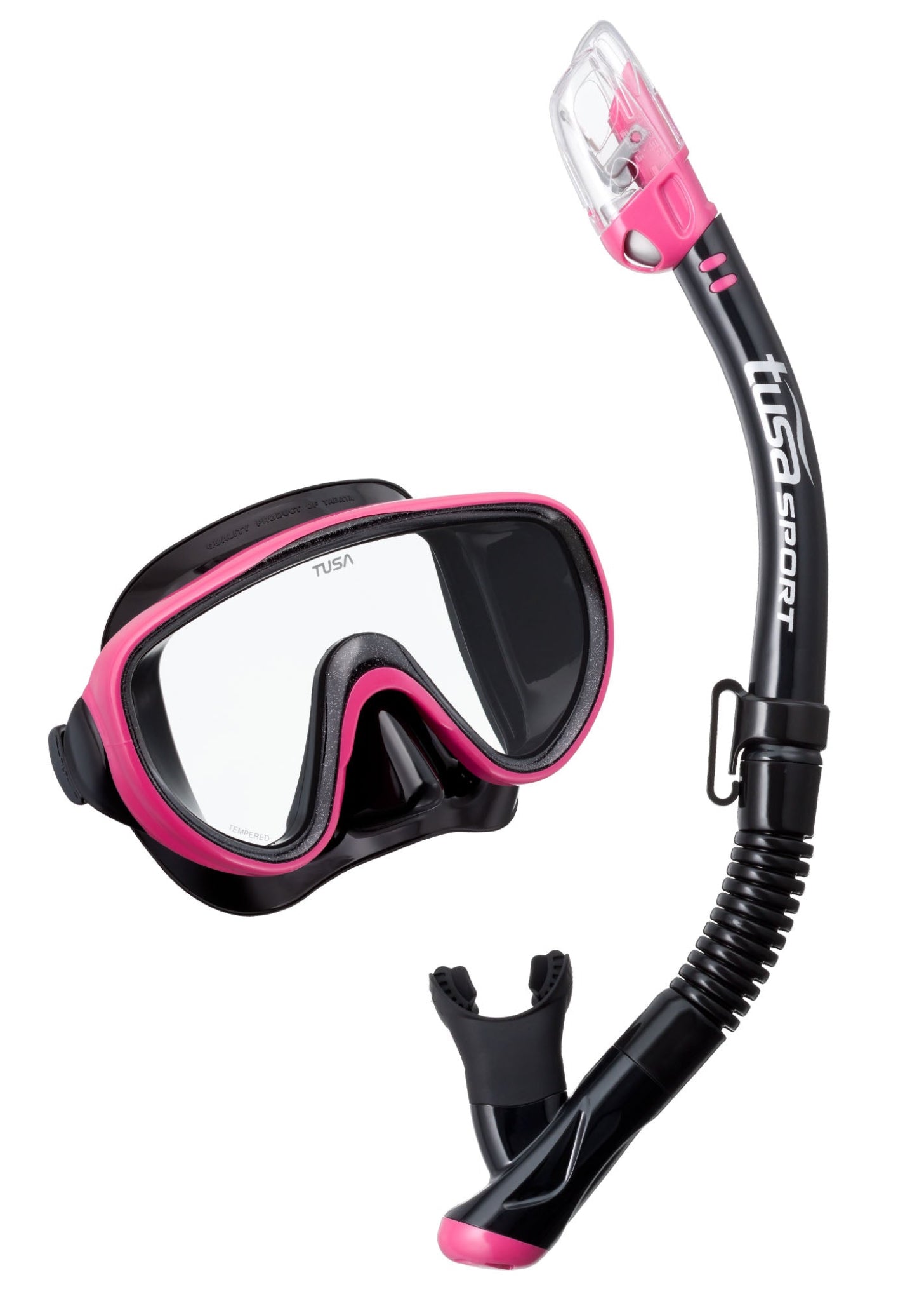 Black and pink diving mask and snorkel set on a white background