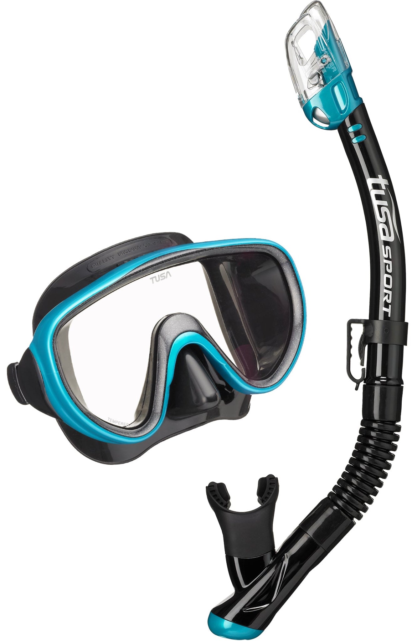 Scuba diving mask and snorkel set with blue and black design on a white background