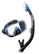 Diving mask and snorkel set with blue accents on a white background