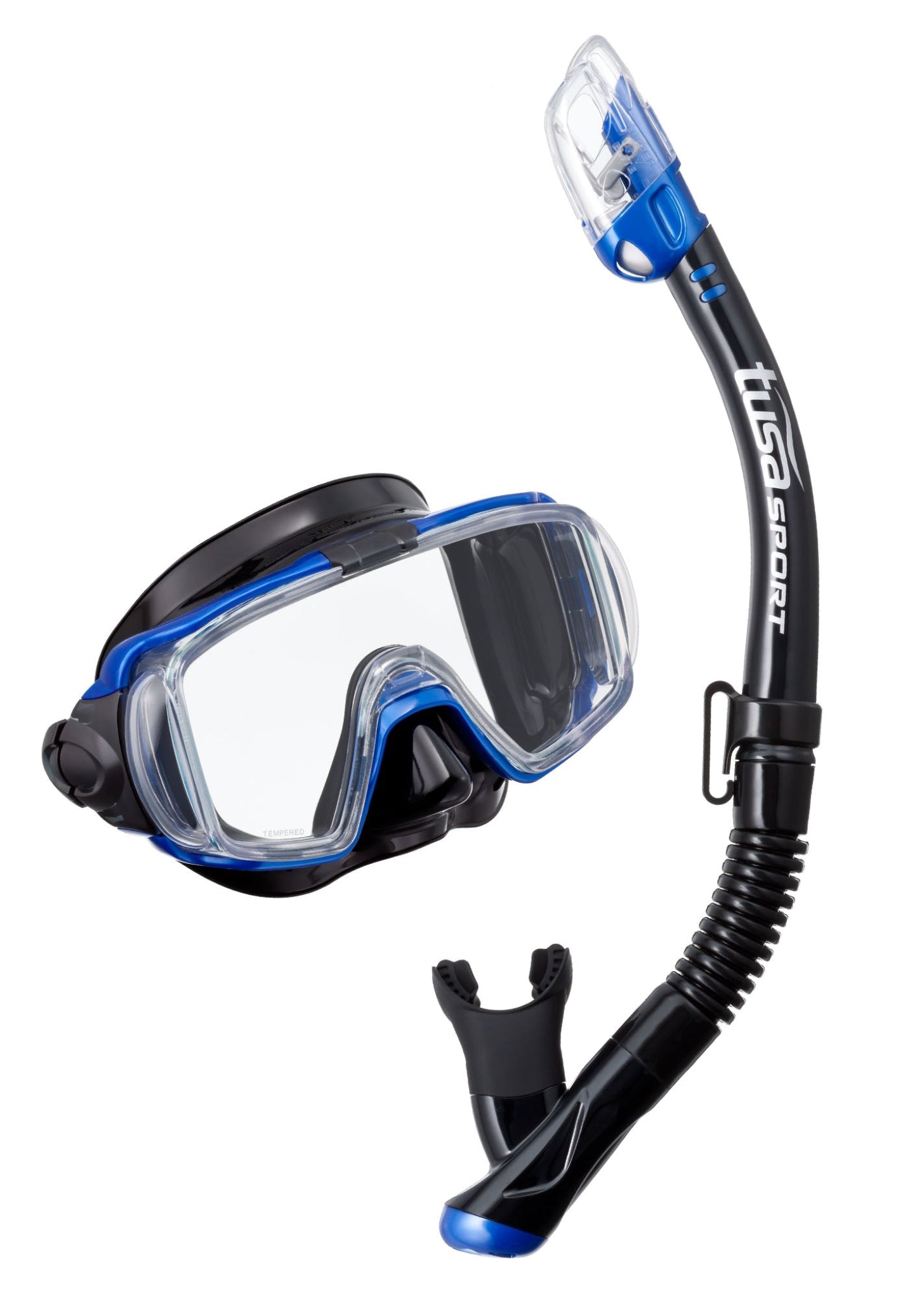 Diving mask and snorkel set with blue accents on a white background