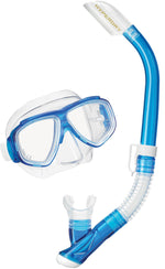Blue and white snorkeling mask and tube set on a white background