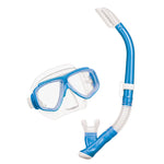 Blue and white snorkeling mask and snorkel set on a white background