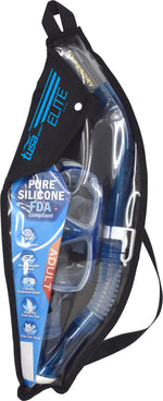 Packaged swim goggles with blue and black design on a white background