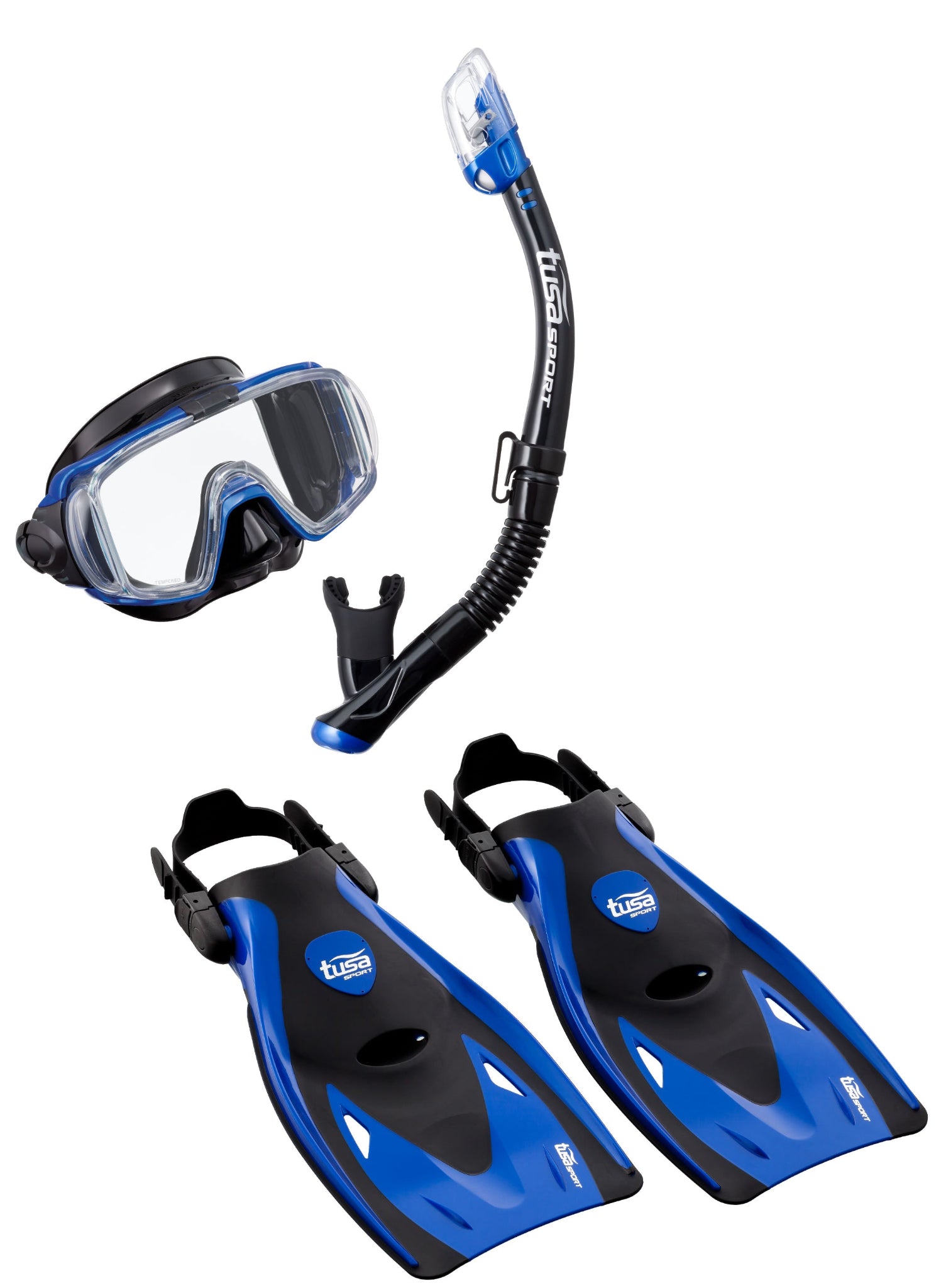 Snorkeling set with mask, snorkel, and fins on a white background