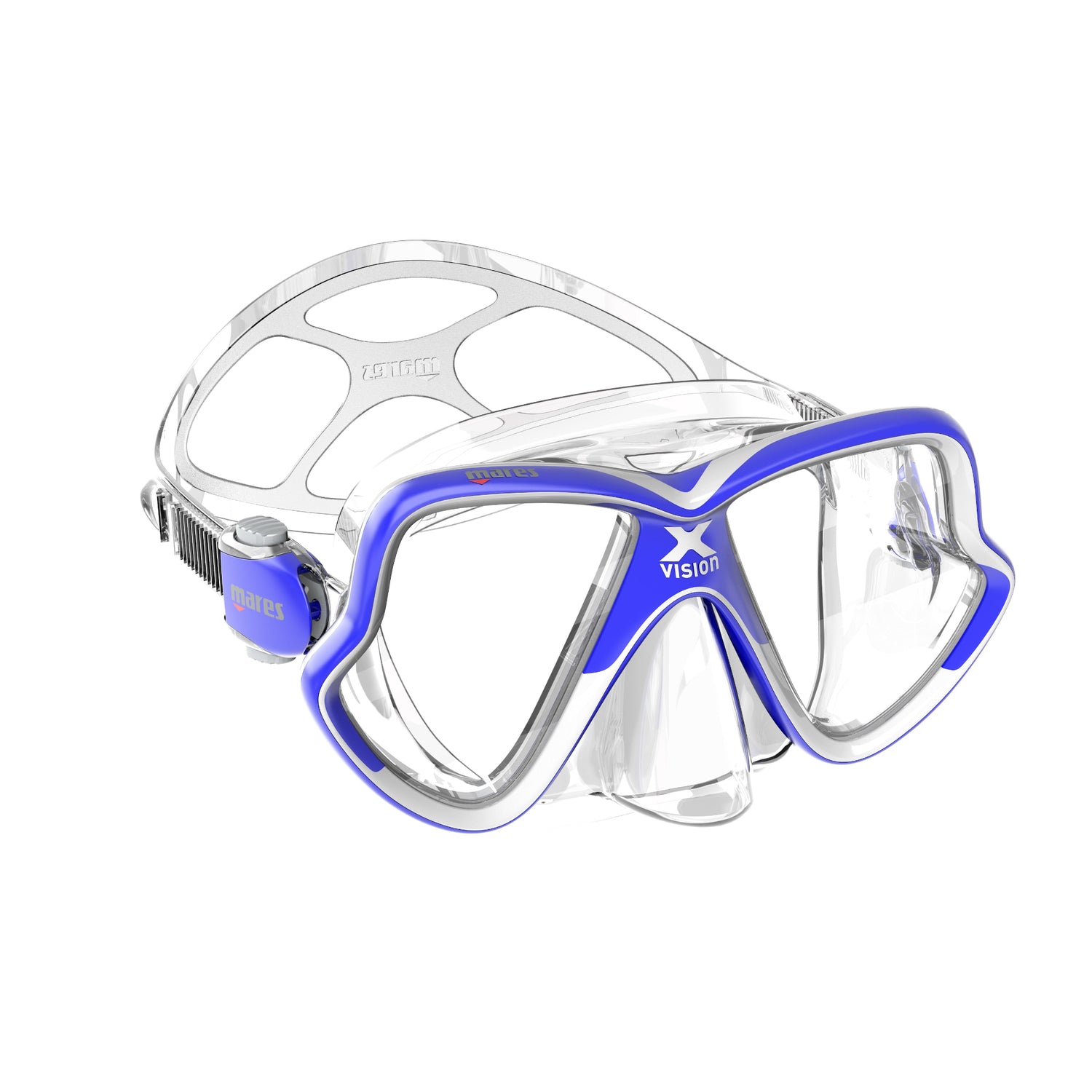 Diving mask with blue and clear design on a white background